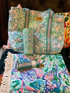 Lilly Pulitzer insulated bag, oversized towel and tumbler